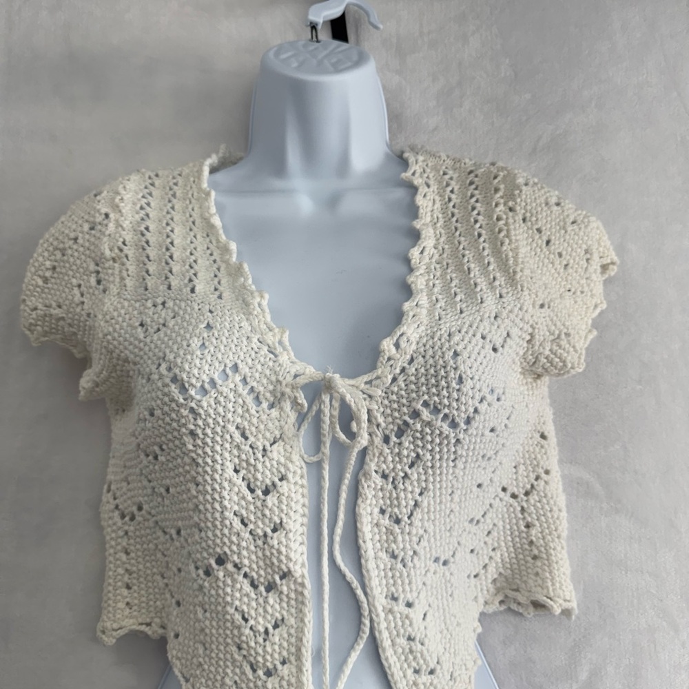 Crochet Tie Front Women M Cardigan Ivory Cottagecore Coquette Boho Crop Top Knit